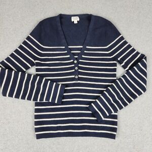 J.Crew Marie Marot Sweater Womens Medium Navy Blue Tight Knitted Striped V-Neck